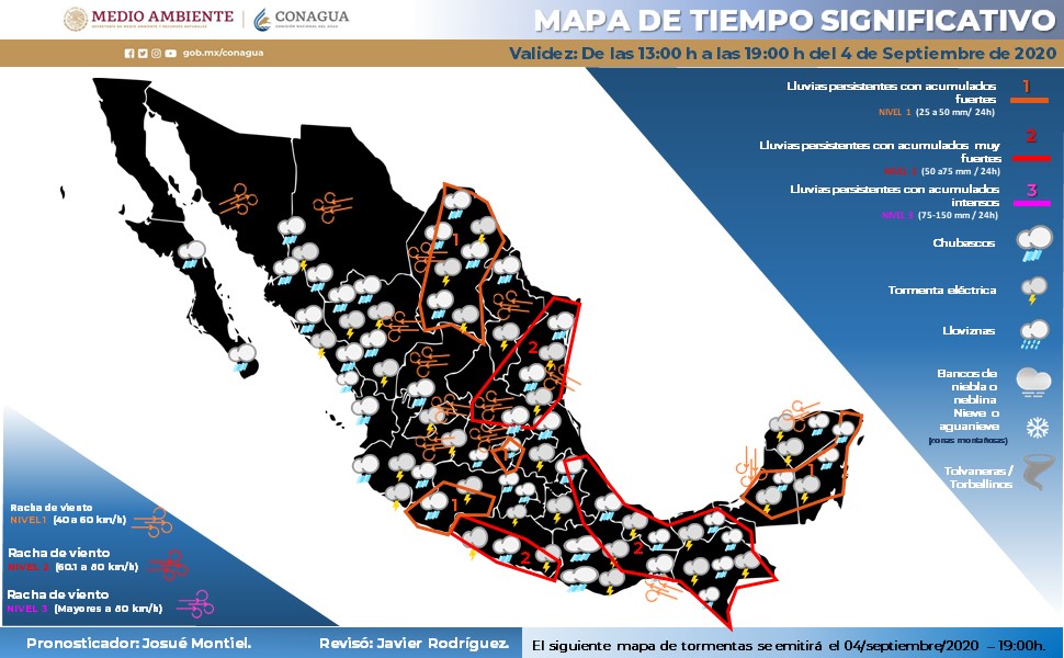 conagua_clima's tweet photo. Mapa de #México que indica las zonas donde se prevén #Lluvias durante la tarde. Los polígonos de color rojo indican regiones del país donde las lluvias serán muy fuertes, y las anaranjadas precipitaciones fuertes https://t.co/zfKKGHMa2t