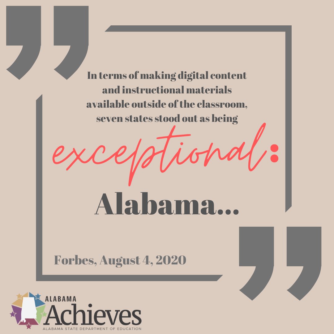 Alabama schools ranked EXCEPTIONAL “In terms of making digital content and instructional materials available outside of the classroom, seven states stood out as being exceptional: Alabama...” <a href="/Forbes/">Forbes</a> ow.ly/WqgR50AXwlP