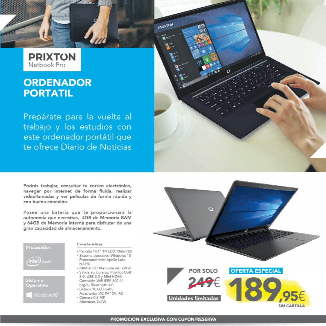 NoticiasNavarra's tweet photo. ORDENADOR PORTÁTIL PRIXTON
Prepárate para la vuelta al #trabajo y los #estudios con este #ordenador portátil de la marca #PRIXTON que te ofrece Diario de Noticias.
Resérvalo antes del  9 de septiembre con el cupón/reserva (Sin cartilla). 

#promoDiariodeNoticias #promoción https://t.co/ZJSnlqs1iJ