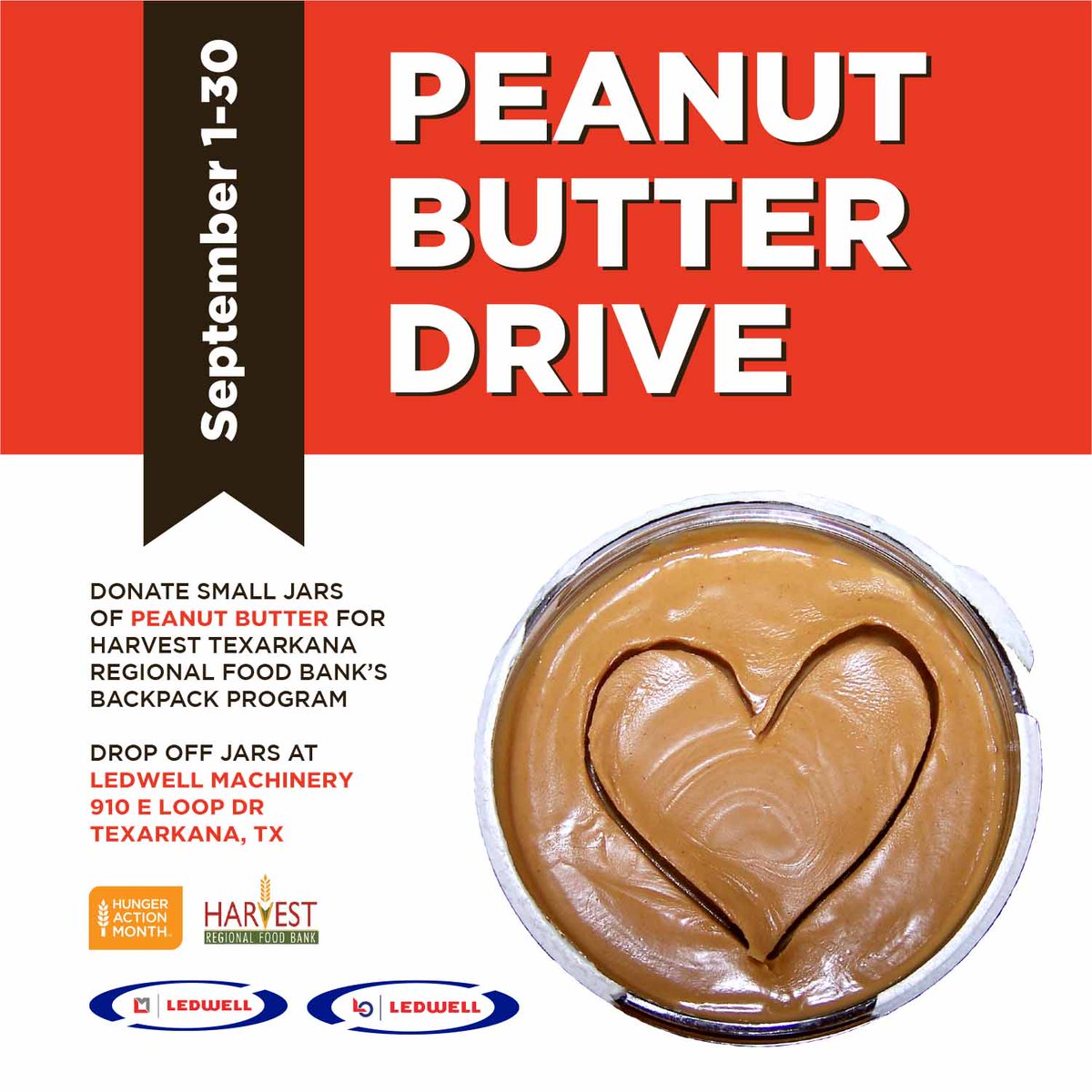ledwellandson's tweet photo. We're collecting small jars of peanut butter for @HarvestRFB's backpack program. Want to give? Drop your donations off at Ledwell Machinery by September 30! #givingback #harvesttexarkana #ledwell https://t.co/YKbKUxpXti