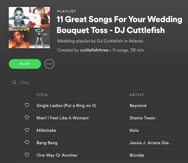 DJCuttlefish's tweet photo. New blog post! Not sure what song to play for your bouquet toss? We've got you covered! Here's a playlist of 11 Great Songs, chosen by Atlanta's best DJs! 

Click the link: https://t.co/ZY43CafZG1 https://t.co/zCP8lUvt43