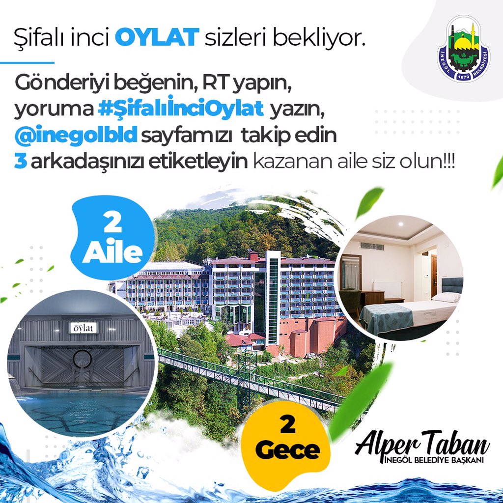 Şifalı incimiz Oylat'ta facebook, twitter ve instagramdan ikişer ailemize olmak üzere toplam 6 ailemize 2 gece 3 gün tatil çekilişimiz başlıyor.
Yapmanız gerekenler paylaşımda yazıyor 😊
Çekiliş Çarşamba akşamı saat 21:00'de sonlanacaktır.

#ŞifalıİnciOylat
#çekiliş