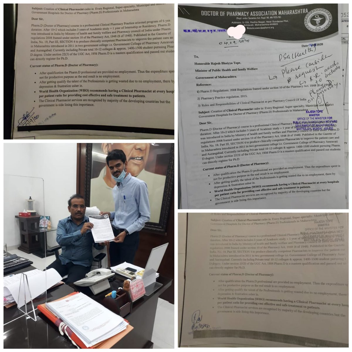 dopa_mh's tweet photo. Today on 4 Sept. 2020 we have met the honorable minister @rajeshtope11 MOHFW-MH regarding the post of "Clinical Pharmacist" in every district hospital of MH. He discussed the same thing with health secretary and advice him to consider Pharm D course in recruitment rule. https://t.co/vLVxThkUGa
