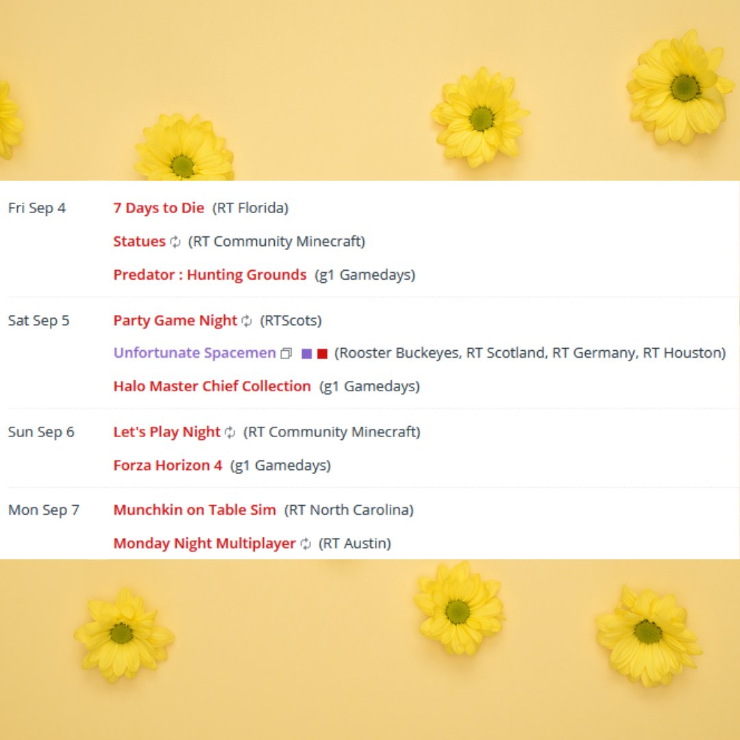 RTW_Community's tweet photo. Here's what you can do with the RT Community this weekend with events from @RT_Florida @RTCommServer @g1_Gamedays @RTScots @rt_NCarolina @RTAustinTX and a big @RoosterBuckeyes @rt_germany @RoosterTeethHou and RT Scotland  game event! Details here: https://t.co/rlwhIOudkQ #RTWCC https://t.co/KgXznWvBV7