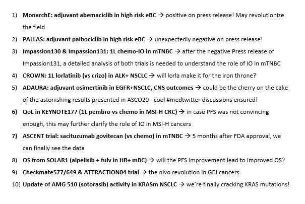 PTarantinoMD's tweet photo. Hard, yet exciting exercise, trying to pick a TOP10 of upcoming #ESMO20 Abstracts
A multitude of practice-changing trials in breast, lung, gastric cancer, CRC and so much more!
Don’t miss this important appointment - registration still open, free for @myESMO members!
@OncoAlert https://t.co/kBq5xhDOd2