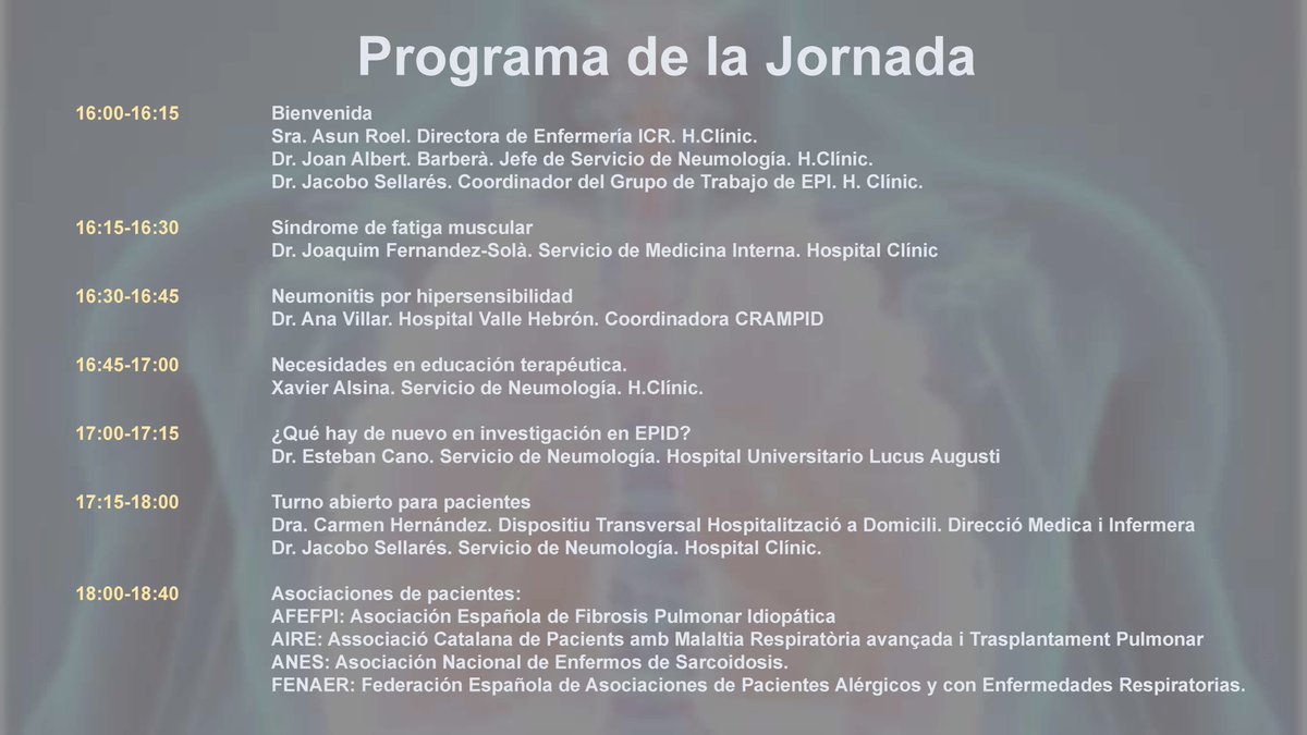 Jacobo Sellares (@jacobosellares) on Twitter photo Ya queda menos para las #IVJornadasEPIDpacientes para pacientes y familiares. Pueden conectarse desde sus domicilios, aprovechen la oportunidad en la semana de la #fibrosispulmonar <a href="/separpacientes/">Separ Pacientes</a> <a href="/AFEFPI/">AFEFPI</a> <a href="/AnesEspana/">ANES España</a> <a href="/hospitalclinic/">Hospital Clínic</a> <a href="/intersticlinic/">Grup Malalties Intersticials Clinic</a> Ya queda menos para las #IVJornadasEPIDpacientes para pacientes y familiares. Pueden conectarse desde sus domicilios, aprovechen la oportunidad en la semana de la #fibrosispulmonar <a href="/separpacientes/">Separ Pacientes</a> <a href="/AFEFPI/">AFEFPI</a> <a href="/AnesEspana/">ANES España</a> <a href="/hospitalclinic/">Hospital Clínic</a> <a href="/intersticlinic/">Grup Malalties Intersticials Clinic</a>