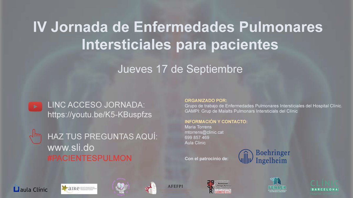 jacobosellares's tweet photo. Ya queda menos para las #IVJornadasEPIDpacientes para pacientes y familiares. Pueden conectarse desde sus domicilios, aprovechen la oportunidad en la semana de la #fibrosispulmonar @separpacientes @AFEFPI @AnesEspana @hospitalclinic @intersticlinic https://t.co/MdLVv2tPnm