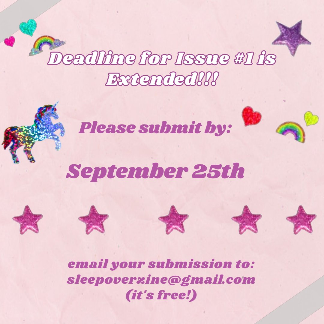 Submissions for Issue #1 are extended until Sept. 25th! Make sure you email us at sleepoverzine@gmail.com so we get your writing/art :)
