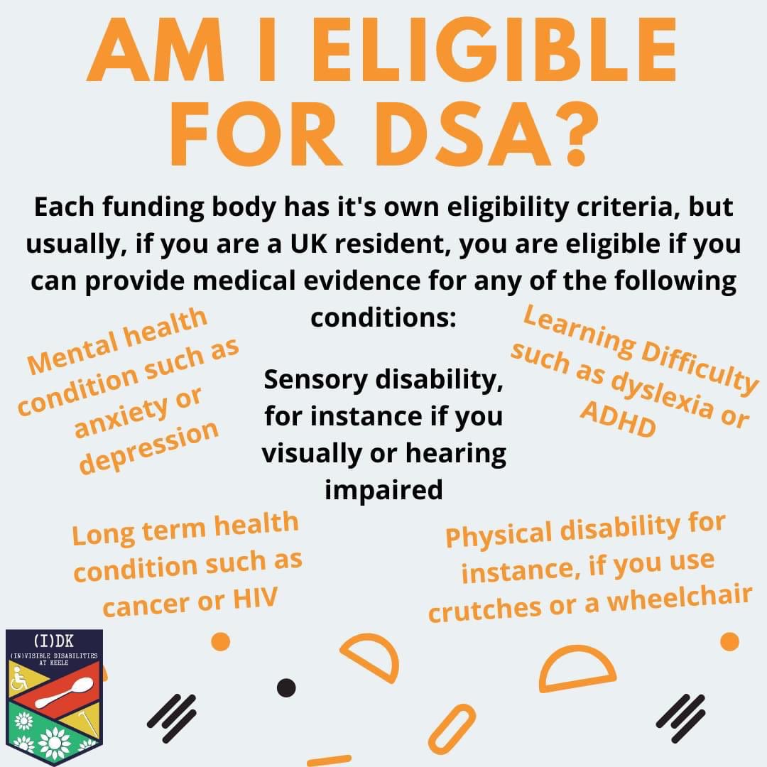 keeledisability's tweet photo. A lot of people don't realise they are eligible for DSA, despite how helpful it could be for them. If you're ensure about your eligibility, check with your student finance provider.  If you're still ensure speak to Disability and Dyslexia Services on campus. https://t.co/JGcxfVrUkr