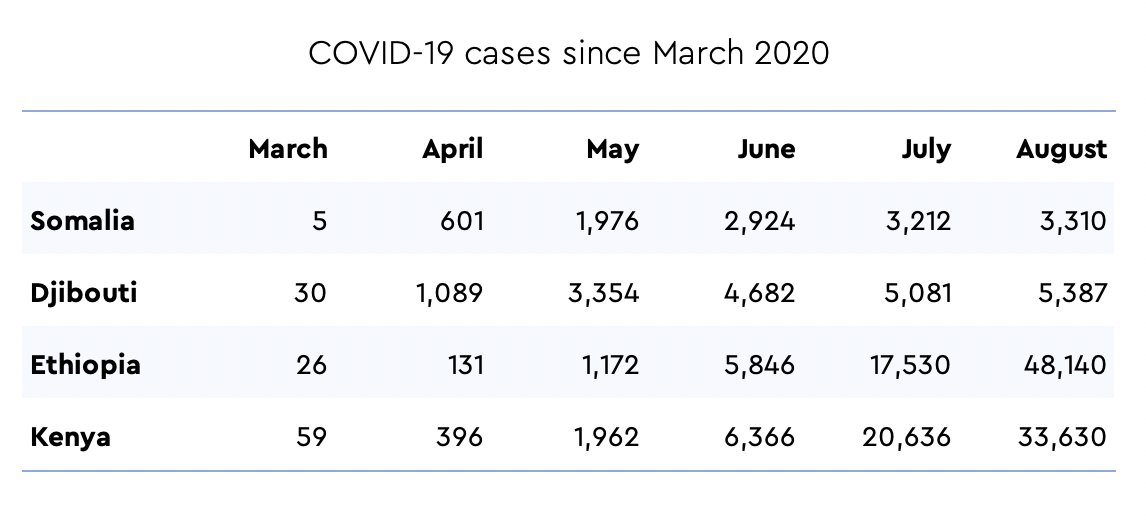 The first cases of the virus were confirmed in the four East African countries in March. The figures stood at 5 (Somalia), 30 (Djibouti), 26 (Ethiopia), and 59 (Kenya) at the end March. By the end of August, total cases were 3,310, 5,387, 48,140, and 33,630, respectively.
