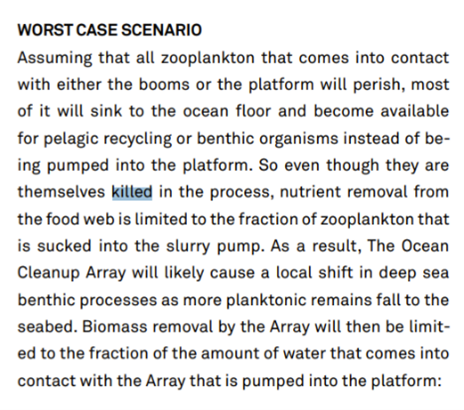 Then the “blood bath”. Besides the fact that zooplankton don’t have blood, the tweet claims we ourselves reported zooplankton is “likely to be KILLED”. This is not true. Paper references our 2014 feasibility study, in which we provided a Worst Case Scenario, not a prediction.