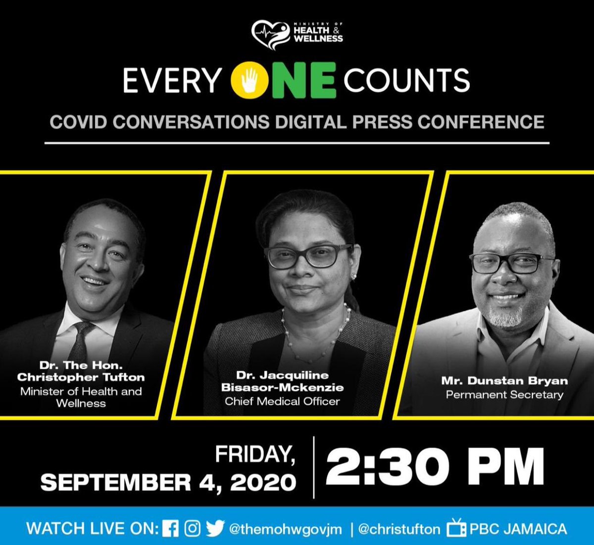 Join me and the @themohwgovjm for a Covid Conversations Press Briefing TODAY at 2:30pm where we will provide an update on COVID 19 in Jamaica.
#JaCovid19 #CovidConversations