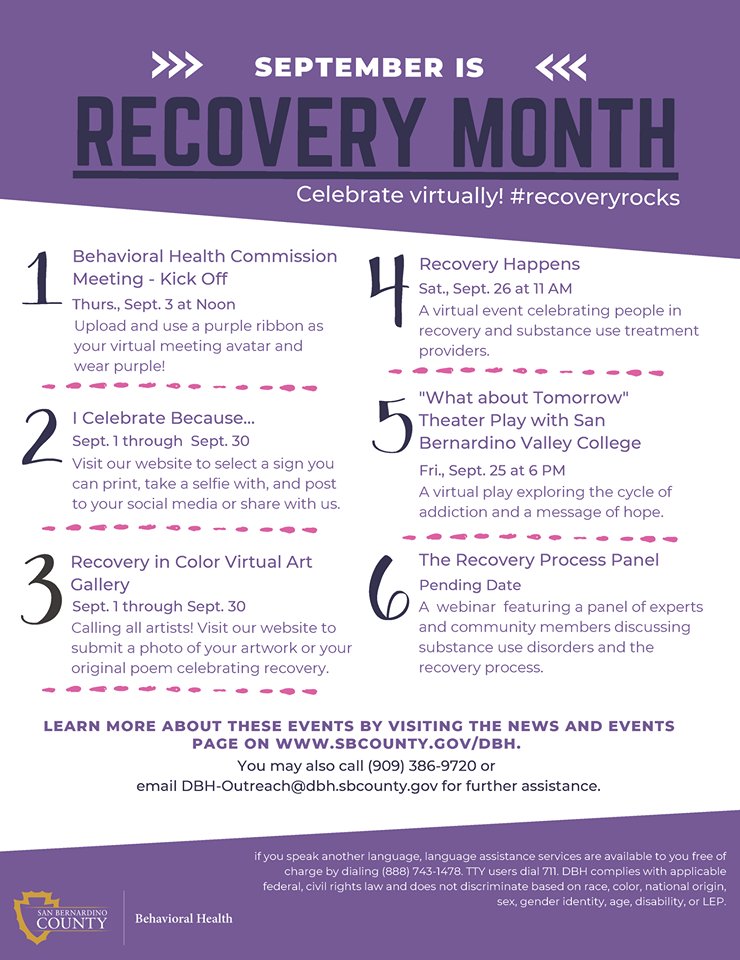 SBCprobation's tweet photo. #SBCProbation is proud to partner with @sbdbh to offer resources and services during #RecoveryAwarenessMonth. It is important to increase awareness and understanding of mental health and substance use disorder and celebrate those in recovery. https://t.co/J60AH90OnL