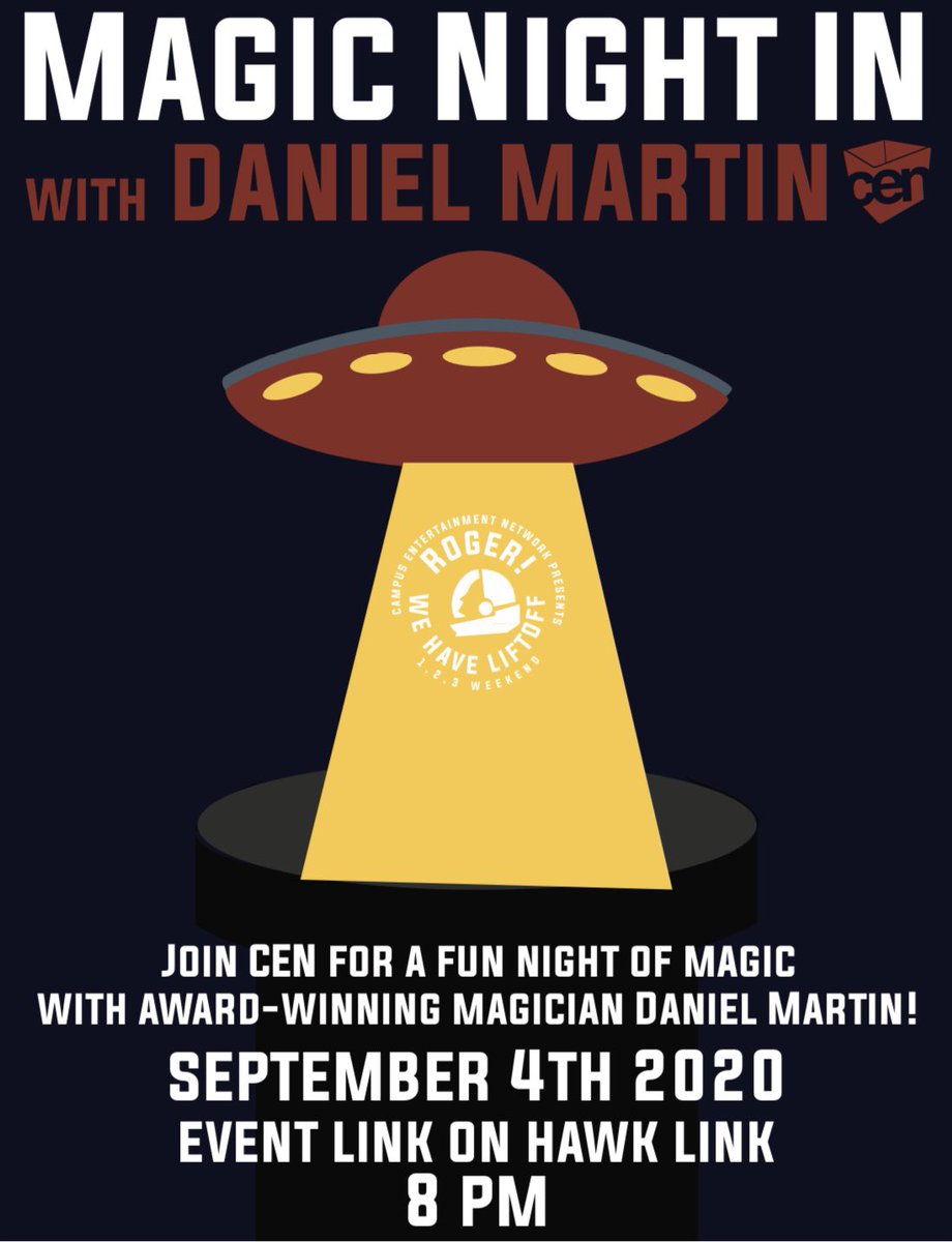 RWUCEN's tweet image. Want to be amazed? It’s not too late to join us for a virtual magic show with award-winning magician Daniel Martin tonight at 8 PM! Sign up for the event through hawk link! #123weekend #virtualmagic #rogerwehaveliftoff