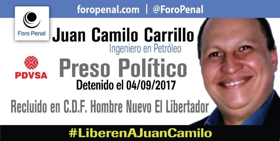 GSanglade_FP's tweet photo. Since #Apr2017, Juan Camilo Carrillo, #PDVSA employee with two children; detained for political reasons; unjustly imprisoned 9 hours from his family; has not received medical attention for high blood pressure and dermatitis #LiberenALosPetroleros @Almagro_OEA2015 @UNHumanRights https://t.co/61HU6fl9AG