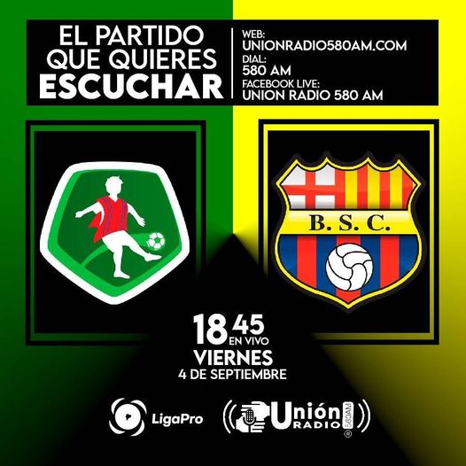 UD580am's tweet photo. @vocesdeportivas 
Viernes  4 de Septiembre 
MUSHUC RUNA vs BARCELONA
Estadio: BELLAVISTA
Hora: 19:00
PREVIA:18H45
STAFF DE TRANSMISIÓN:
Relator: 
MICHAEL VALVERDE 
Comentaristas:
ALBERTO CHAGERBEN
JOHN CAICEDO 
Datos de los equipos: 
LUIS MOLINA
Locución Comercial: 
EDUARDO YEPEZ https://t.co/a6YVMhBEaC
