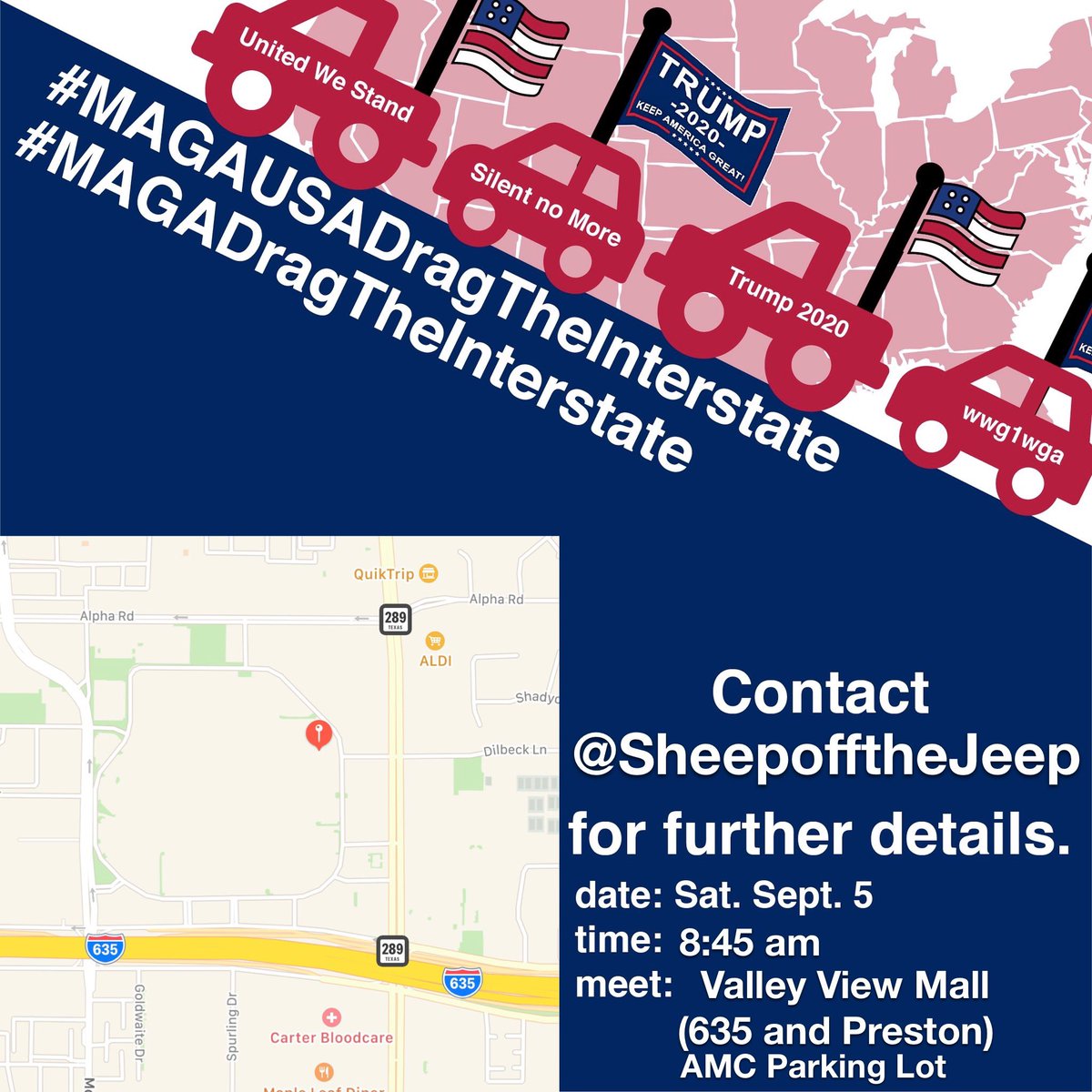 WakikiMenace's tweet photo. Texas !! Let's show the #Libatards what greatness is!
Meet tomorrow Saturday September 5th Valley View mall.
Get there early, like 8:30 and we will spread LOVE all day !!
#MAGADragTheInterstate
#GodBessAmerica
#TexasStrong #MAGA https://t.co/wYtjOjp2A0