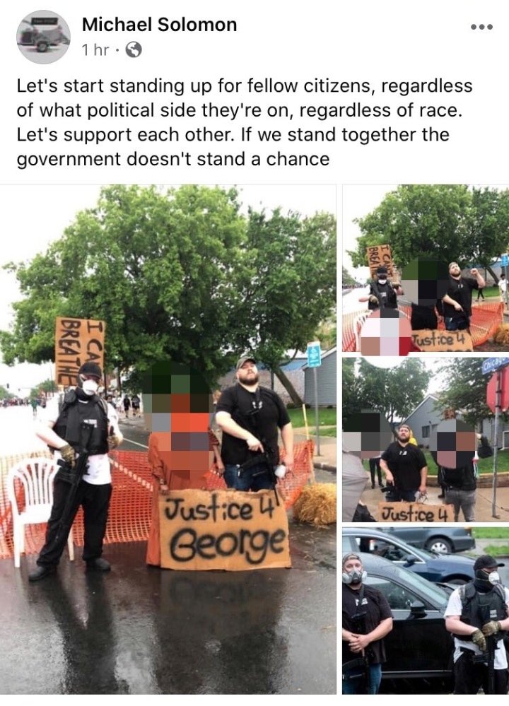 Pictured below is Michael Solomon who posted himself supposedly participating in the George Floyd protests, which was purely a stunt. It turns out he is linked to various far-right groups on Facebook, including the far-right group Boogalo Bois.   #Minnesota   #BoogalooBoys
