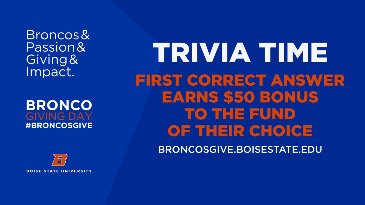 BoiseStateAlum's tweet photo. When was the first @BroncoSportsFB game played on the blue field? The first correct answer earns $50 to the fund of their choice.
Make a Bronco Giving Day gift at https://t.co/OwVzW4FwlL.
#BroncosGive #ElevateTheBlue #CommitToTheTeam
@BoiseState @BroncoSports @BoiseStateBAA https://t.co/oaiJzTic3k