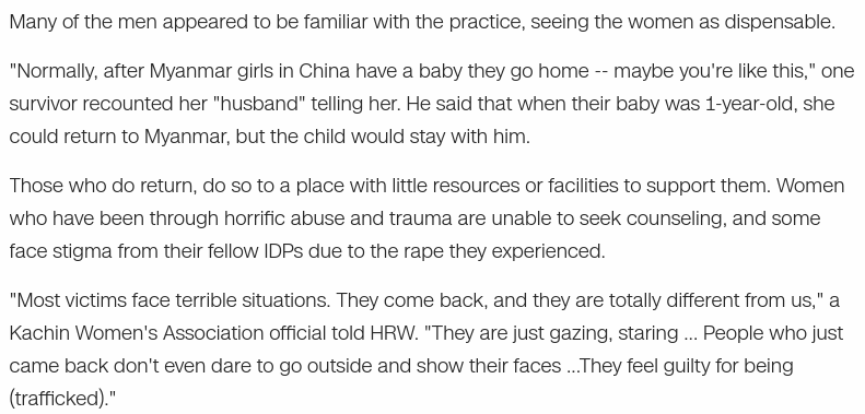 “Bought to make babies: For the most part, the buyers of these women are not looking for wives, but merely a woman to give birth to their children, often created by raping them repeatedly until they become pregnant”  #opDeathEaters  https://www.cnn.com/2019/03/22/asia/kachin-women-trafficked-china-hrw-intl/index.html