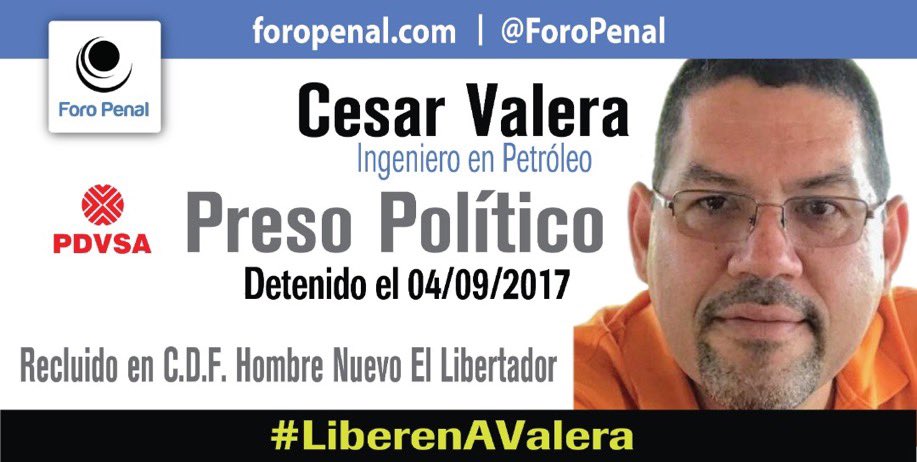 GSanglade_FP's tweet photo. Cesar Valera, #PDVSA employee, tortured while in prison since #Apr2017; political prisoner suffering from high blood pressure, gastritis and 35 kg weight loss. #LiberenALosPetroleros @alfredoromero @Almagro_OEA2015 @WOLA_org @UNHumanRights https://t.co/sSlNUv9XBb