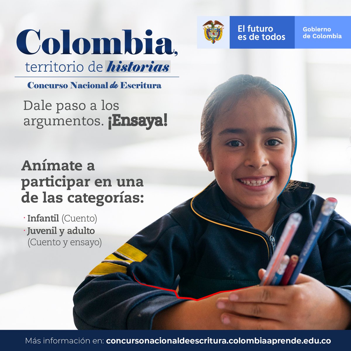Esta es tu oportunidad para que muestres tu punto de vista como autor. En la modalidad de ensayo, si tienes 14 años en adelante, participa en el #ConcursoNacionalDeEscritura: Colombia Territorio de Historias. Conoce toda la información >> bit.ly/3hr3Uyh 📑
