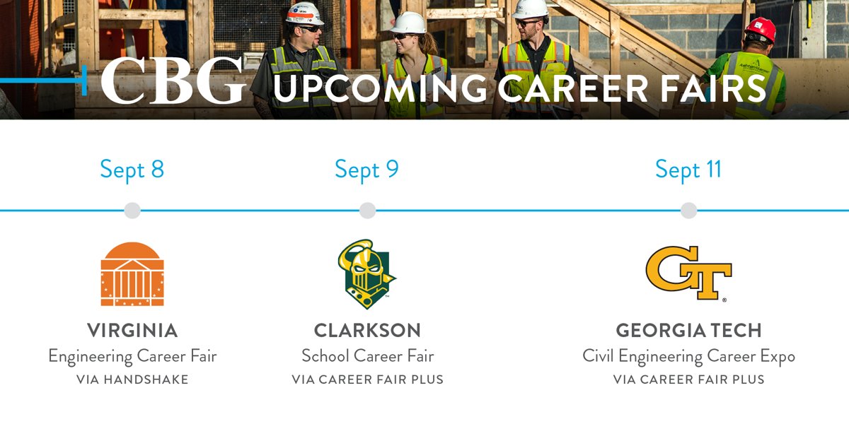 CBGBuildingCo's tweet photo. Next week marks the start of CBG's 2020 college recruiting! We'll be at virtual career fairs at UVA, @ClarksonUniv, and @GeorgiaTech and would love to share why CBG is a great place to start your career! #joinCBG https://t.co/n4n0qBbzxo