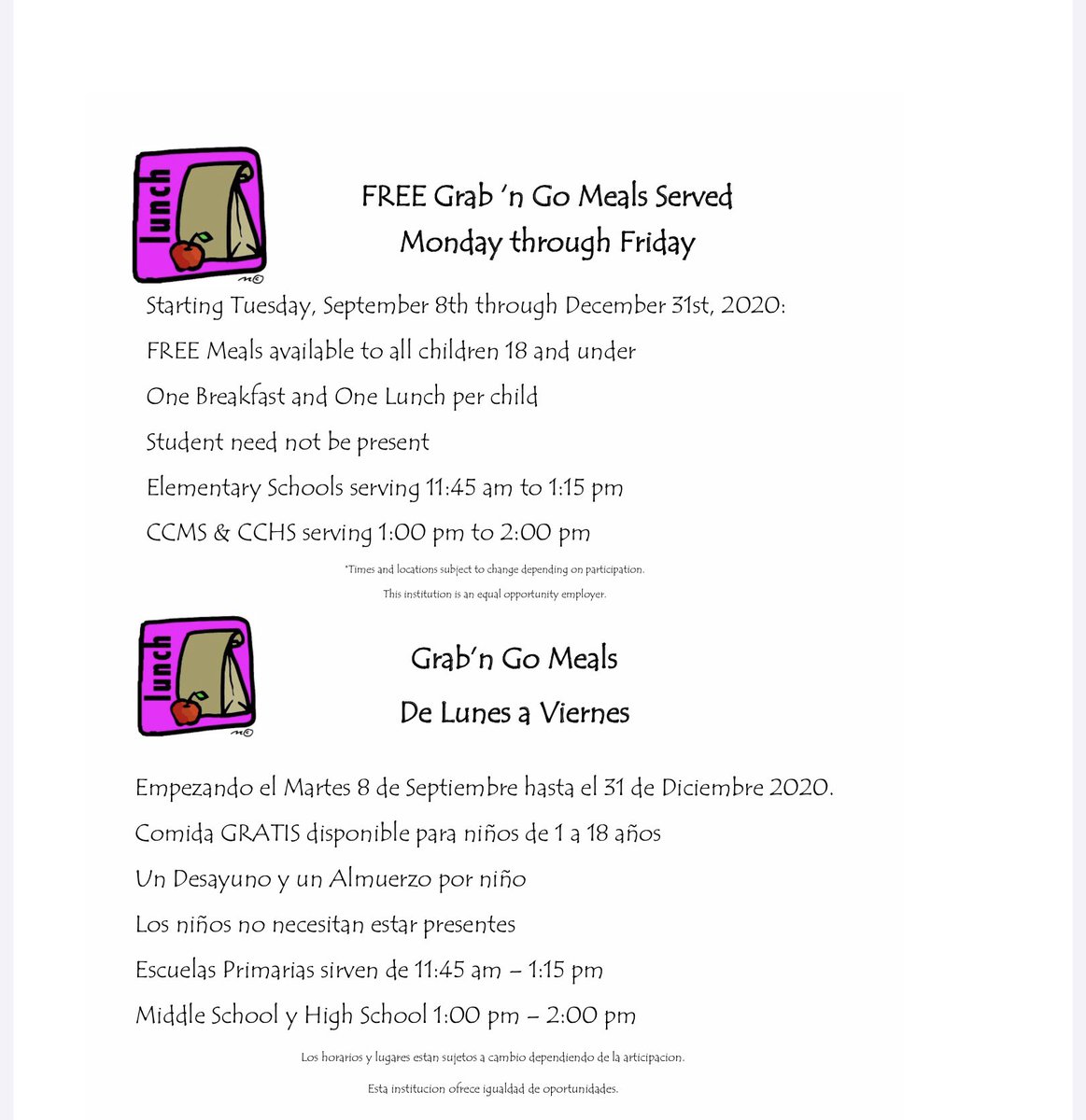 CCUSD_OCD's tweet photo. Hello CCUSD Families. Starting Tuesday September through December 31st Free Meals are available at the elementary schools as well as CCMS &amp; CCHS. Student not need be present. #culverpride https://t.co/8au76Nwd0z