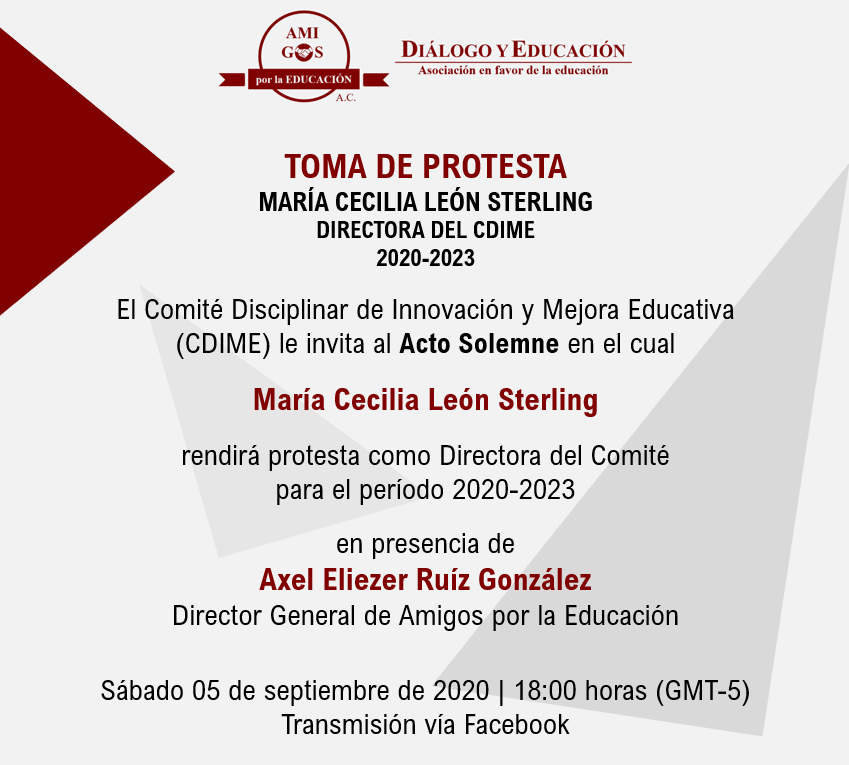 EducacionAmigos's tweet photo. #Agéndate | Cordialmente invitados a la Toma de Protesta de @cecilstg como Directora del Comité Disciplinar de Innovación y Mejora Educativa #CDIME
📆 Sábado 05/09/2020
⏰ 18:00 horas. (GMT-5)
📌 Transmisión vía Facebook https://t.co/ofKOVihjPv