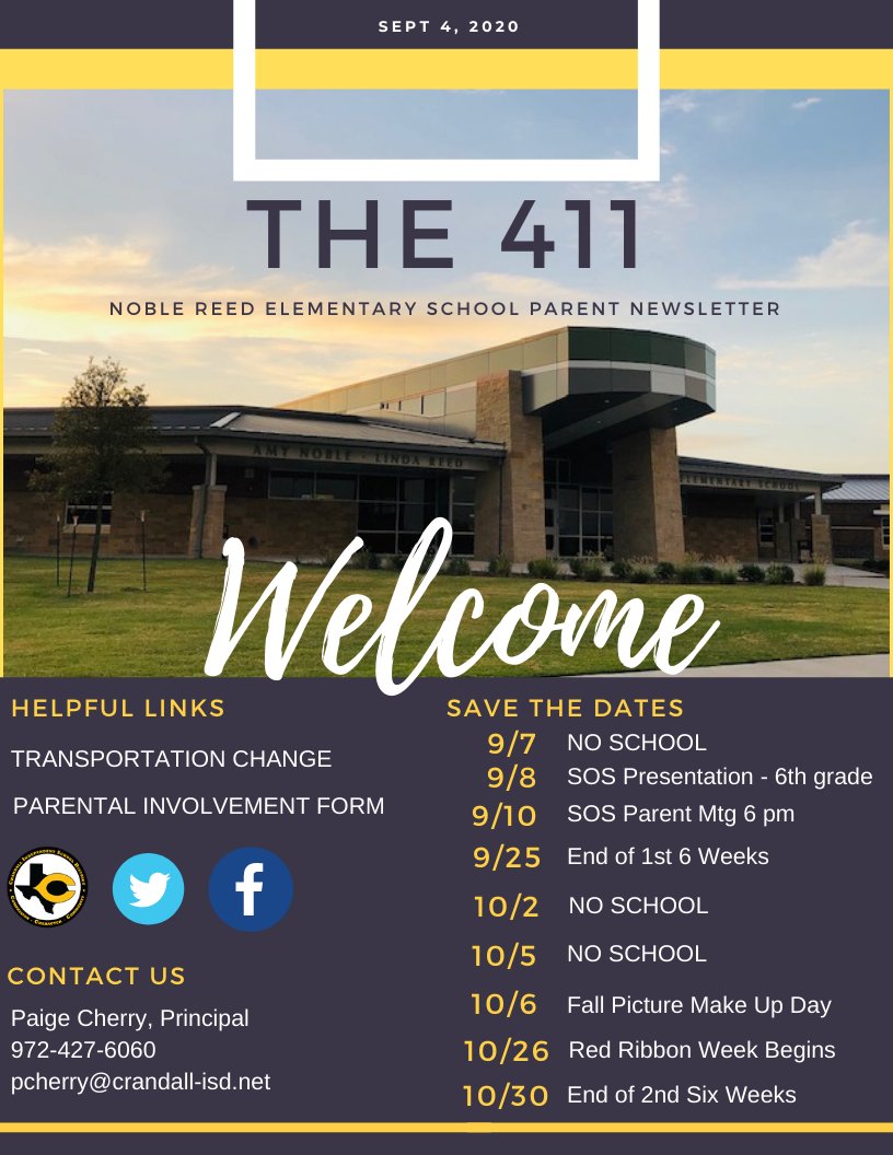 CISDNobleReed's tweet photo. 9.4.2020 Family 411 is here!  Remember to check your email for active links!  Enjoy the 3 day weekend, we will see you on Tuesday. We love you BIG! https://t.co/hA4AXHSH5P