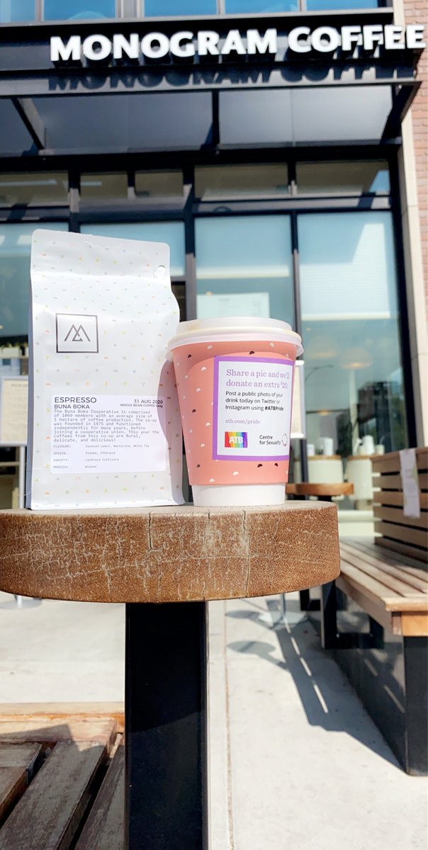 shelmanji's tweet photo. So great of @monogramco to donate 2 dollars for every drink sold to @YYCsexualhealth! #ATBpride for every picture of your coffee- and they donate 20 dollars! https://t.co/j699CFlYaY