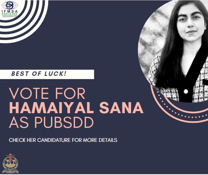 BUMHS_LC's tweet photo. BUMHS-LC wishes Hamaiyal Sana Good Luck for her elections for IFMSA-Pakistan Team of Officials 2020-21 today.
She has done a tremendous job in her past 4 years in IFMSA and will definitely bring innovation to PubSDD's domain if elected.
#hamaiyalsanaforpubsdd
#UFMSApakistanTOs20 https://t.co/RsLUlVuZjW