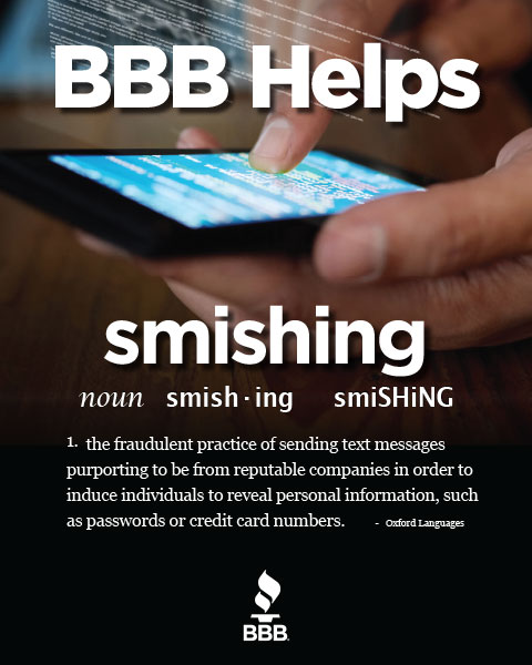 bbbmidwestplain's tweet photo. As we head into #LaborDayWeekend, please be cautious of #textmessagescams, a.k.a. smishing scams.⚠️ Scammers will be trying to take advantage of you being on vacation mode🏖 and trick you into clicking on the link inside their text message.📱 Delete the text right away! #BBBHelps https://t.co/tSNe8Iag3R