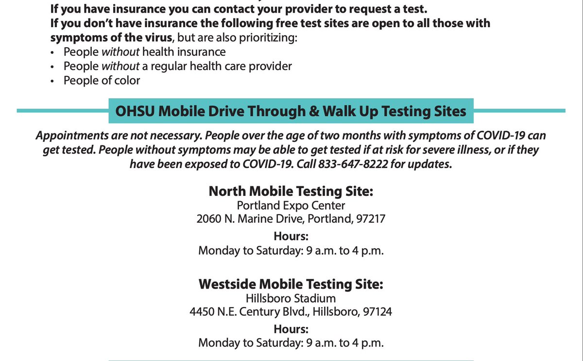 blackresiliency's tweet photo. *FREE* COVID-19 testing available in the Portland area.

From the organizer: Highly recommended to call ahead for estimates of wait times. Testing available for those with symptoms, recent exposure, or risk of severe illness.

Learn more from OHSU: https://t.co/g1WxkLtRh6 https://t.co/dfjuGvR8qW