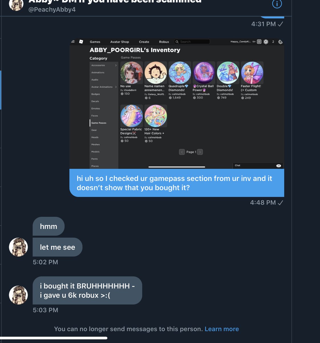 RitaTheFish's tweet photo. @lancelot92 @nightbarbie we need this girl banned, she scammed a lot of people her username is ABBY_POORGIRL 

her twitter @ is @cookiesareyum16 and @PeachyAbby4 

i have more proof btw) https://t.co/QVpnZ5Ov2v