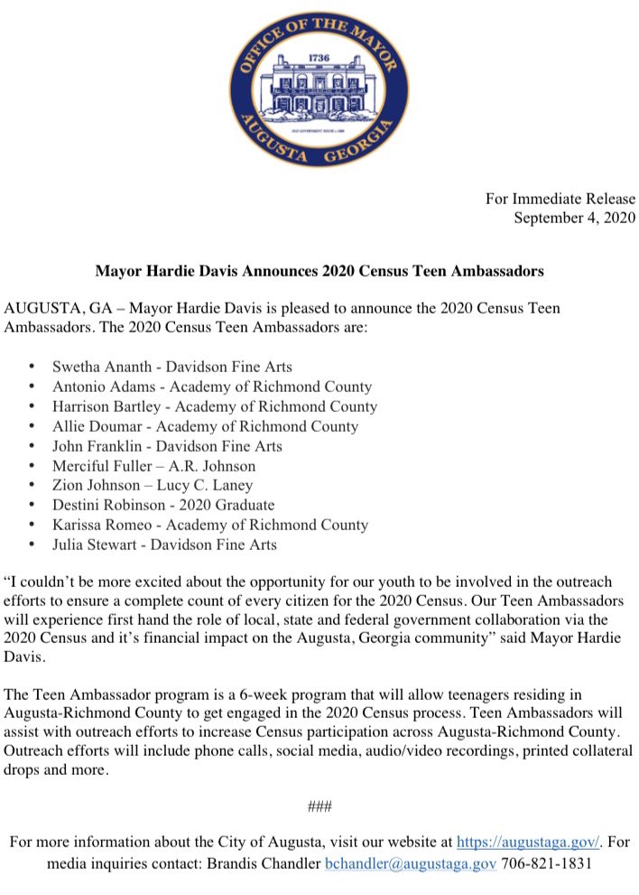 hardiedavis's tweet photo. Check out the @CityofAugusta 2020 Census Teen Ambassadors! #AugustaCounts https://t.co/50Bi6JBgVs