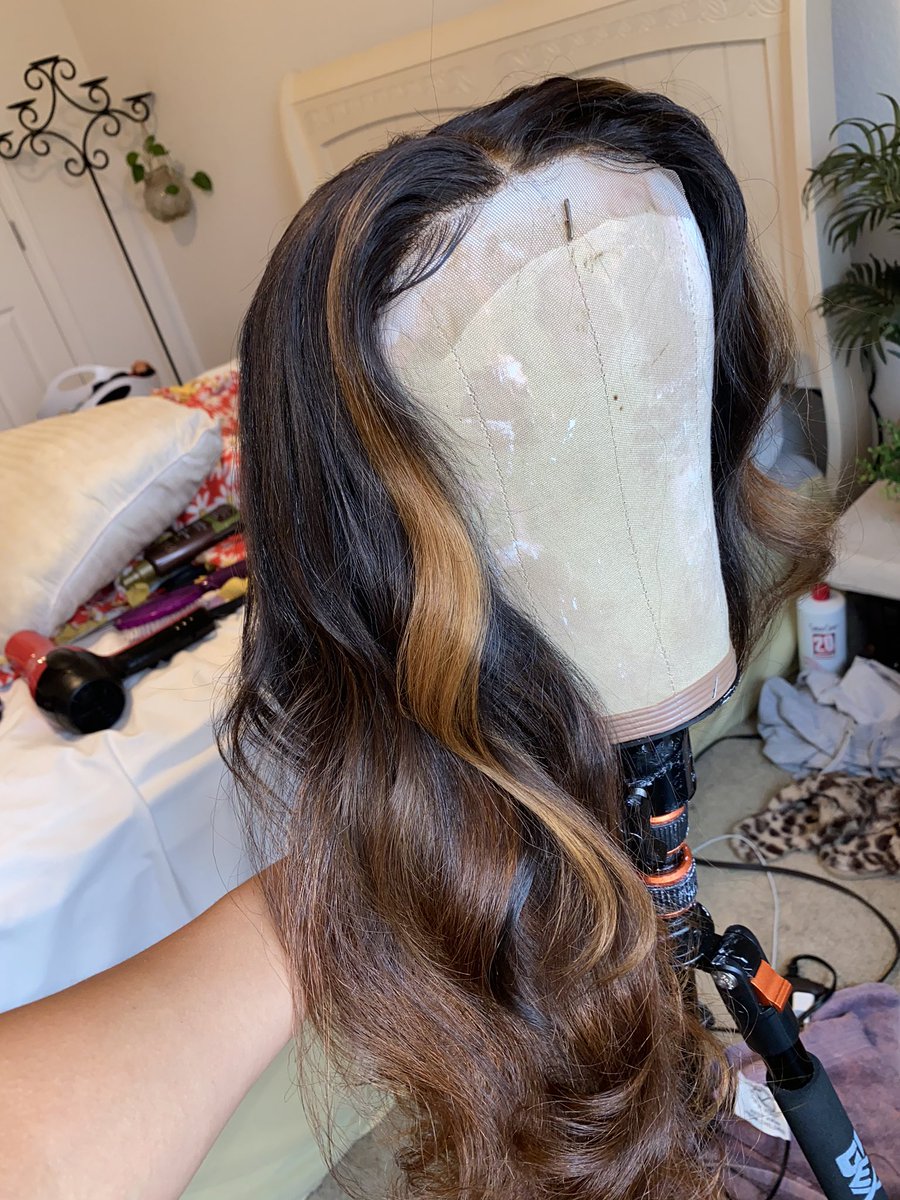 Sewed a wig together for a client in Cali then shipped it to them! 💜 added an ombré, highlights in the front, bleached the knots, plucked the hairline, pressed/curled it, &amp; added baby hairs! 😍🤪