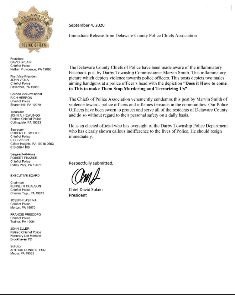Please read attached statements. <a href="/da_delco/">DelcoDA</a> <a href="/delcotimes/">Delco Times</a> <a href="/6abc/">Action News on 6abc</a> <a href="/FOX29philly/">FOX 29</a> <a href="/NBCPhiladelphia/">NBC10 Philadelphia</a> <a href="/MikeNeilon/">Mike Neilon</a> <a href="/FopLodge27/">FOPLodge27</a> @FOPLodge5 <a href="/e_fbinaa/">E PA FBINAA</a> <a href="/PAChiefs/">PCPA</a> <a href="/DelcoCouncil/">Delaware County</a>