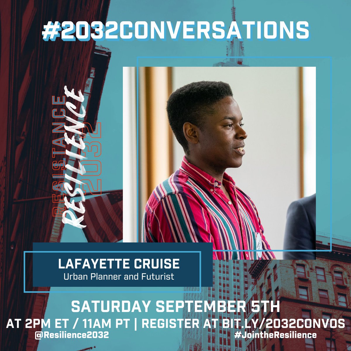 resilience2032's tweet photo. Lafayette Cruise is a panelist for our #2032Conversation tomorrow at 2pm ET! @LafayetteCruise is an Urban Planner and Futurist!

Register to join us on Zoom at https://t.co/keDSnzXrWJ or tune in on FB live at https://t.co/jbB5Onyjnj!! https://t.co/pkvRbmu2du