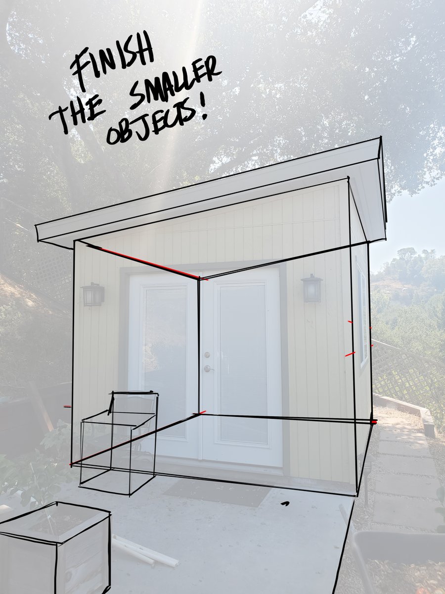 HOW TO FIND THE BACK WALLS p2This is a fun building because the roof slants up, it adds more interest than a simple box. Go out and collect photo references using your phone, and start drawing over them. Draw ALL THE WAY THROUGH and find the back walls.
