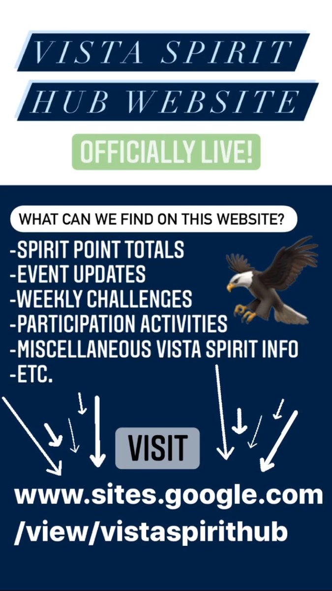 The Vista Spirit Hub is officially LIVE!! Go check out the spirit points standings and see our upcoming events!💙🦅
sites.google.com/view/vistaspir…
