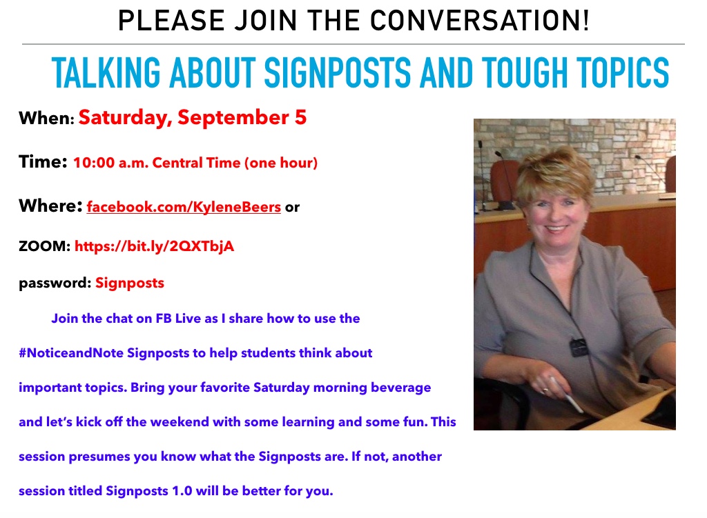 Interested in learning how to use #noticeandnote signposts and Three Big Questions to have critical conversations with students? Join the Bring Your Own Weekend Beverage conversation Sat., Sept 5, at 10:00 a.m. Central Time. Joining info in graphic.