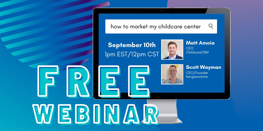 GoLineLeader's tweet photo. The search is over! JOIN US on Thursday, September 10th to hear from #ChildcareCRM CEO, Matt Amoia, and @Kangarootime1 CEO, Scott Wayman!
REGISTER TODAY: https://t.co/4ALlG4M3pr
•
•
•
#childcare #childcaremarketing #childcareindustry #childcarecenter #kangarootime https://t.co/Frm0dwvvws