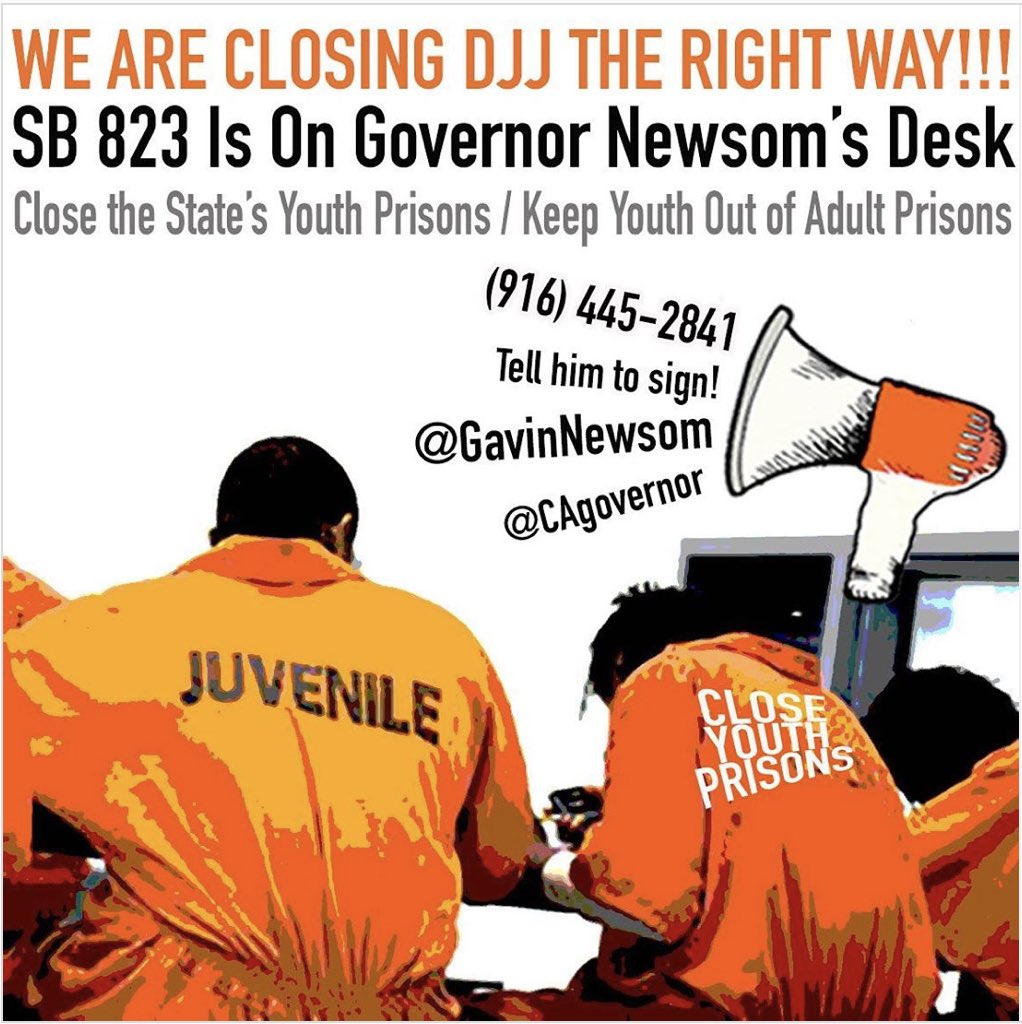 Urge @GavinNewsom to #CLOSEDJJTHERIGHTWAY !CA needs SB 823 signed to prioritize youth care over locking them up in juvenile halls and camps and/or transferring more youth to the adult prison system.
CALL & EMAIL @CAgovernor TODAY! ACTION TOOLKIT HERE: bit.ly/SB823action
