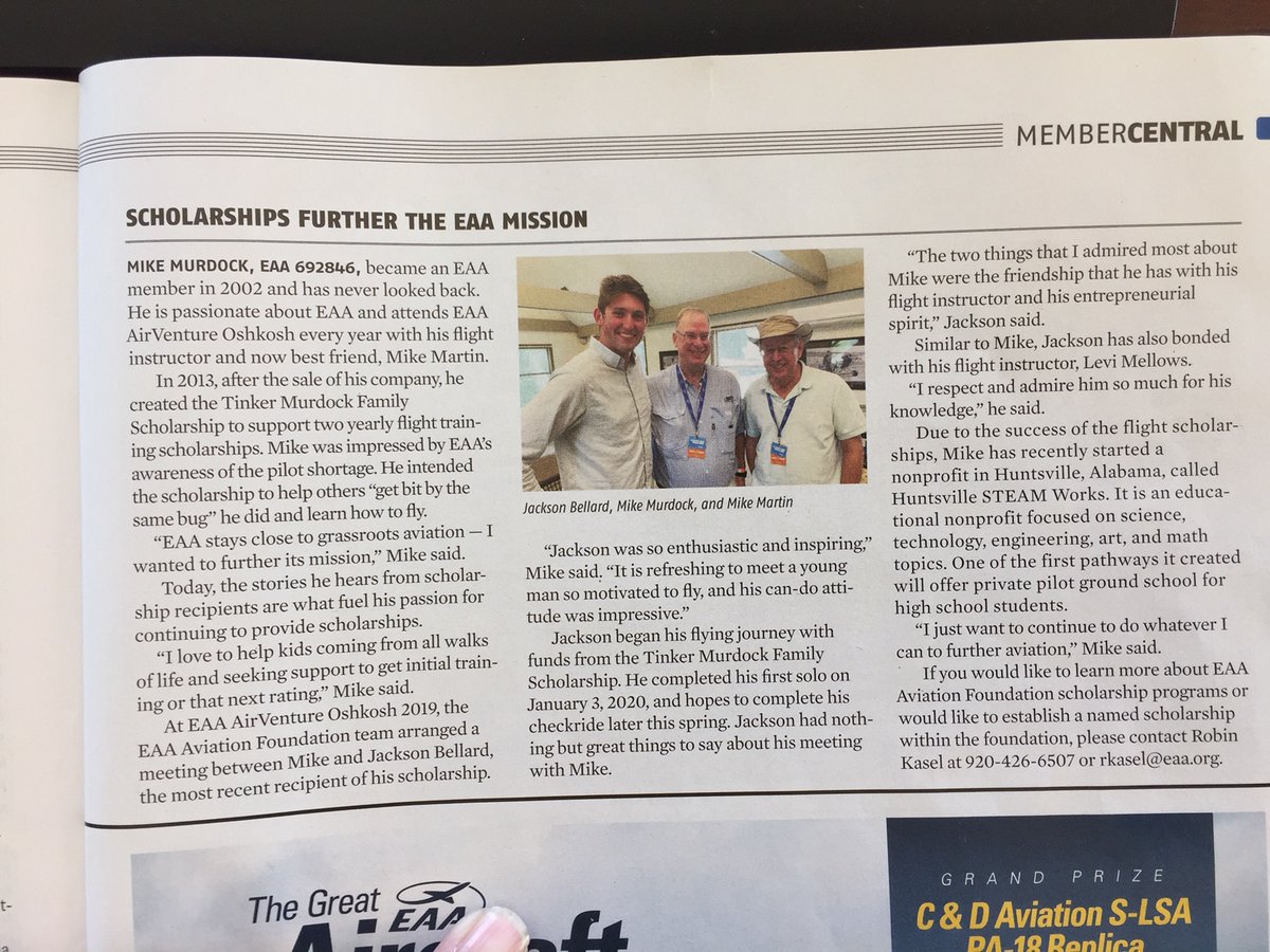 The July Issue of EAA Sport Aviation has an article on page 111 of our very own Jackson Ballard.  He received a Scholarship to continue his flying career, and will be going to college to pursue a degree in the field of Aviation. Congratulations, Jackson!
