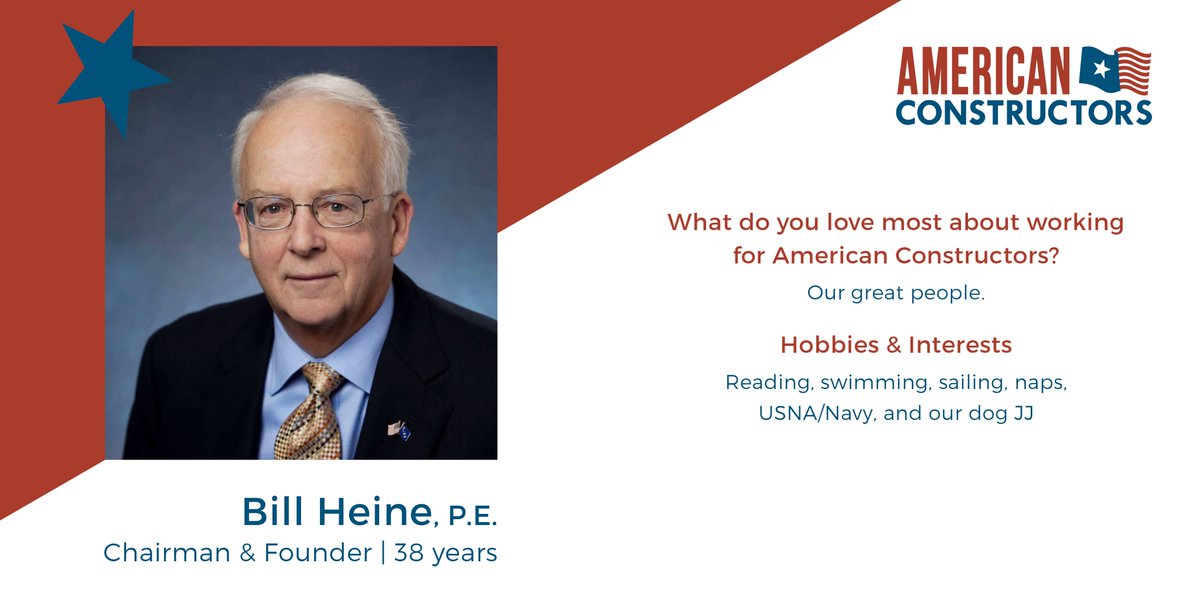 AmConstructors's tweet photo. Meet #chairman and #founder Bill Heine! Prior to founding American Constructors in 1982, Bill was a Commander in the Navy Seabees, the construction division of the U.S. Navy, where he managed a 9,000-person force. https://t.co/OUNSGWxyj4
