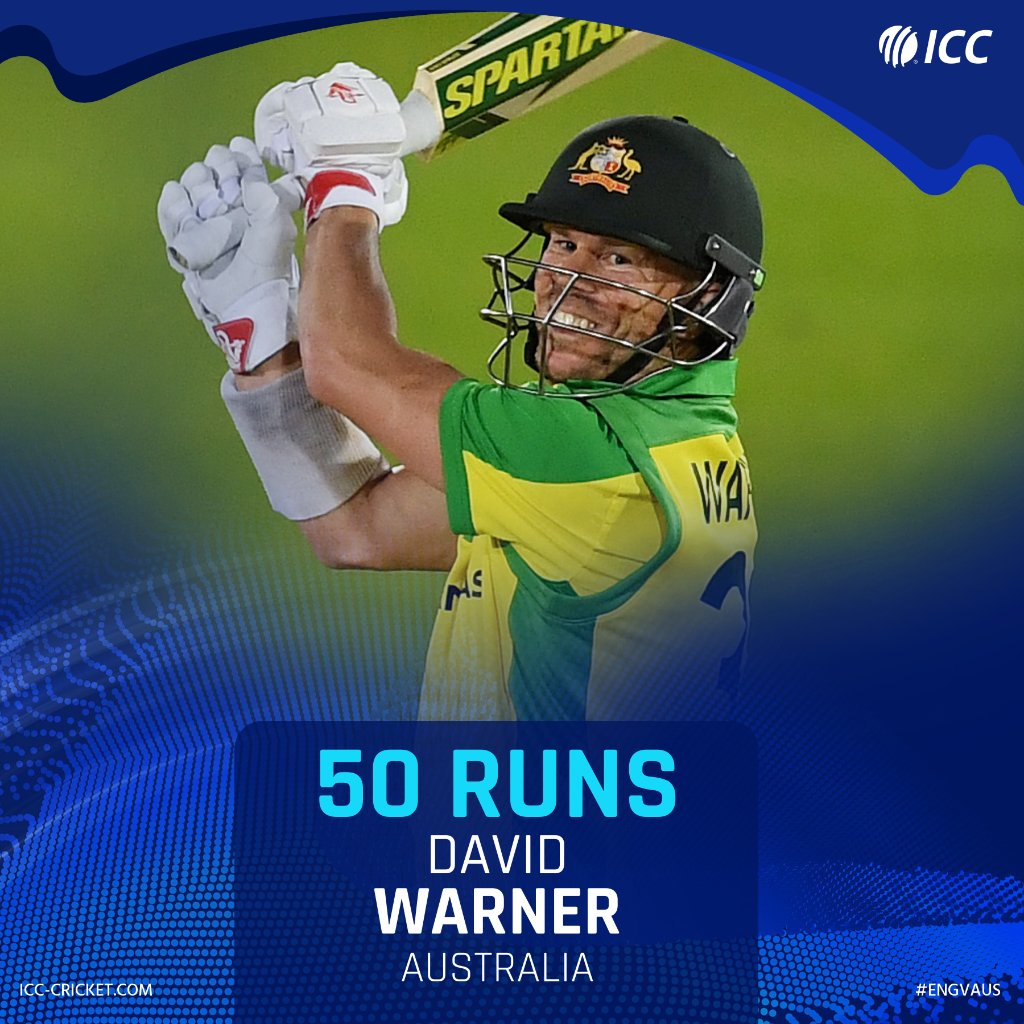 ICC's tweet photo. 5️⃣0️⃣ for David Warner 🎉 

Only Virat Kohli and Rohit Sharma have reached the mark more times in T20Is than Warner's 1️⃣9️⃣ 

#ENGvAUS SCORECARD ▶️ https://t.co/zNpYgEZORq https://t.co/g41NTHiBRW