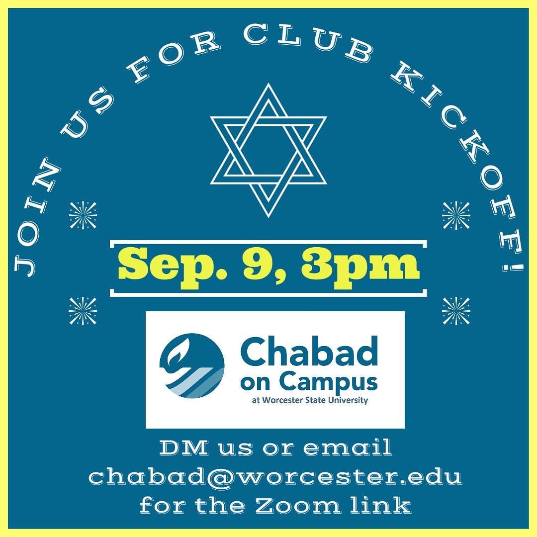 WSU_Chabad's tweet photo. We're kicking off the semester next week! Join us Wednesday, Sep. 9 at 3pm to join the fun!

DM us or email chabad@worcester.edu to get the zoom link! https://t.co/IJWiNsf9T3