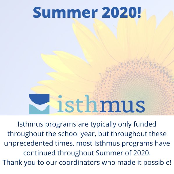 Summer 2020 is quickly coming to an end! Thank you to those volunteers who made it possible for most Isthmus programs to continue throughout the summer. Here’s to a new school year! #nochildhungry