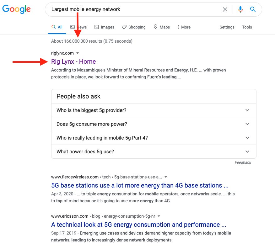 riglynx's tweet photo. Great to see the hard work paying off, out of 166,000 results, we are #1 for Largest mobile energy network

https://t.co/O4xsQFFYH2

#RigLynx https://t.co/5n2f63bIq0